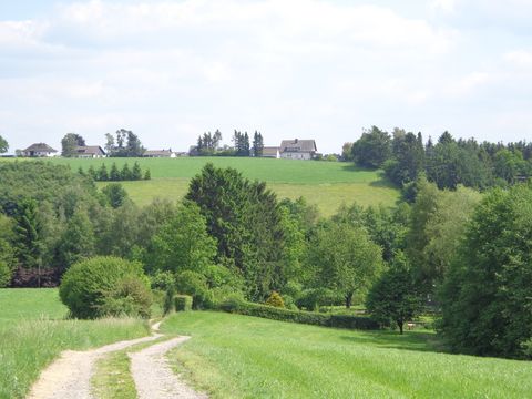 Wanderweg durch grüne Wiesen mit Weitblick über grüne Hügel mit Bäumen