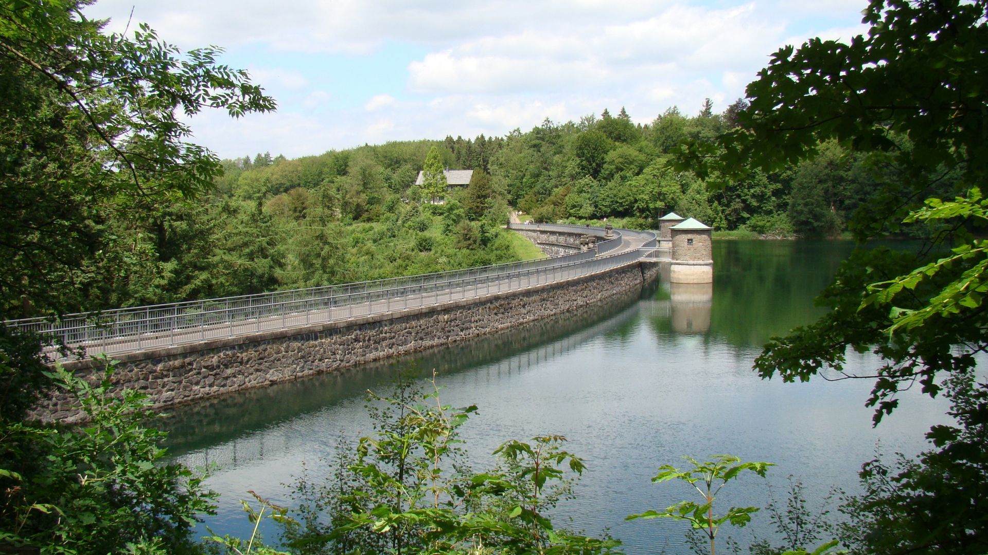 Durch Bäume und Sträucher, die das Bild einrahmen, blickt man auf die Staumauer der Neyetalsperre.