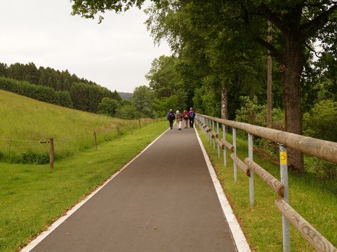 ein asphalitiertes Stück Wanderweg führt an einem Holzzaun entlang. Auf dem Weg sind weit hinten einige Wanderer unterwegs