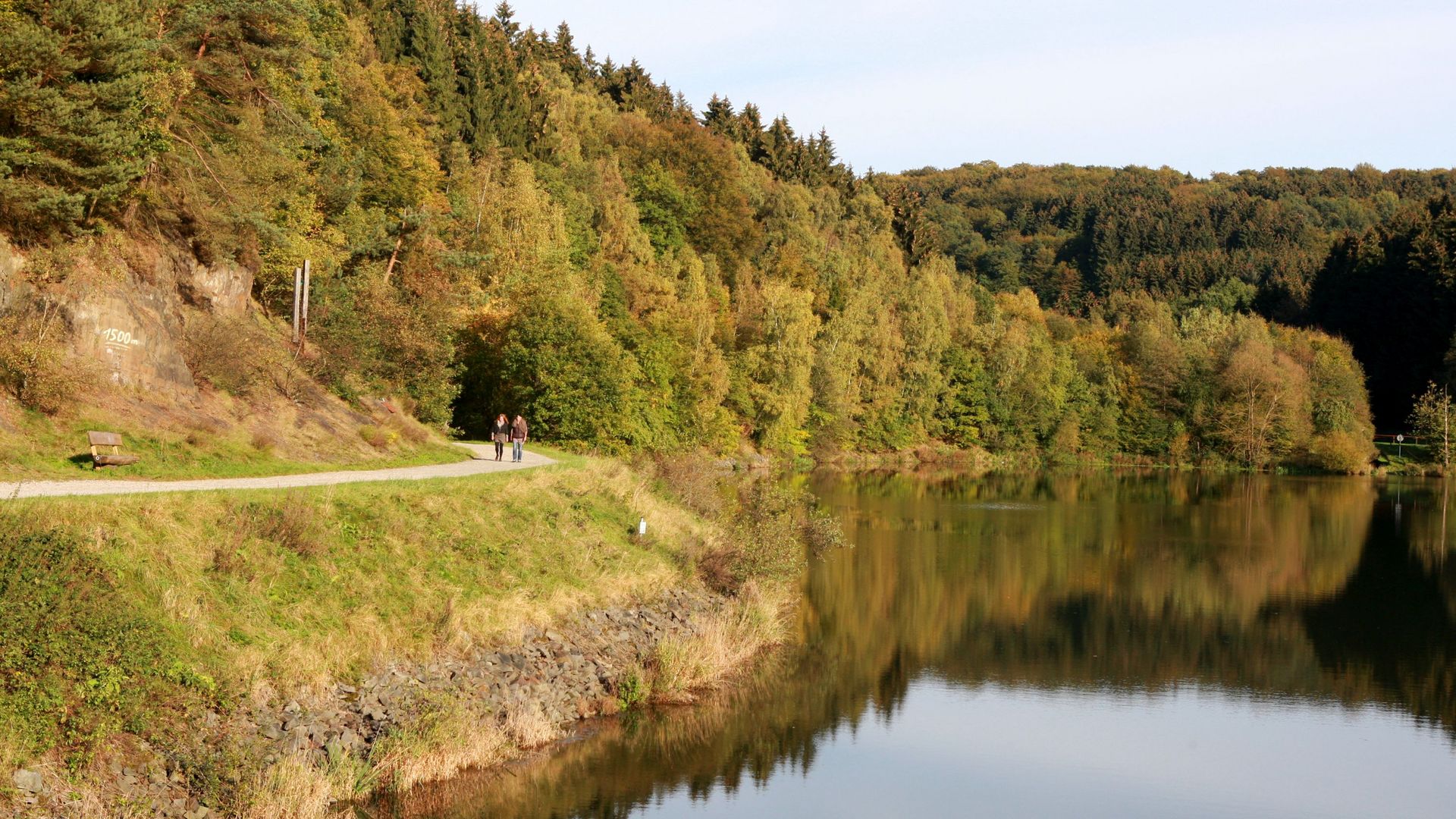 In der Wuppervorsperre spiegeln sich die herbstlich bunten Bäume, die die Talsperre umgeben