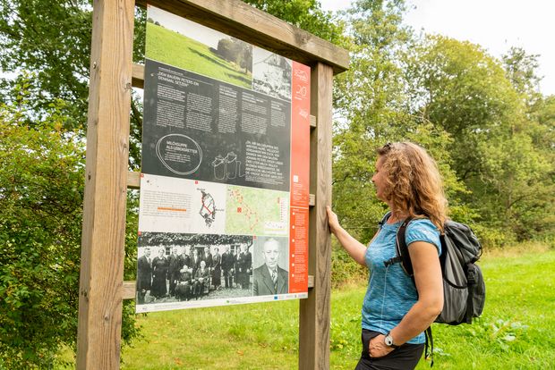 Eine Frau steht vor einer Informationstafel auf einer Wiese und liest diese. Im Hintergrund stehen Bäume.