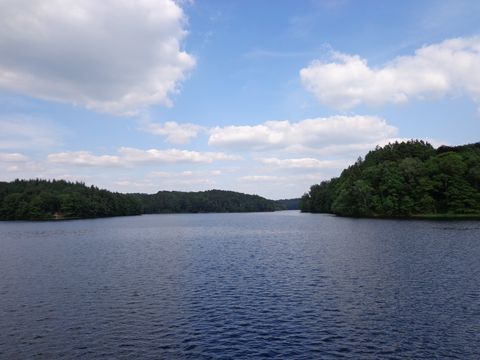 Bllick über die Neyetalsperre umrandet von Bäumen