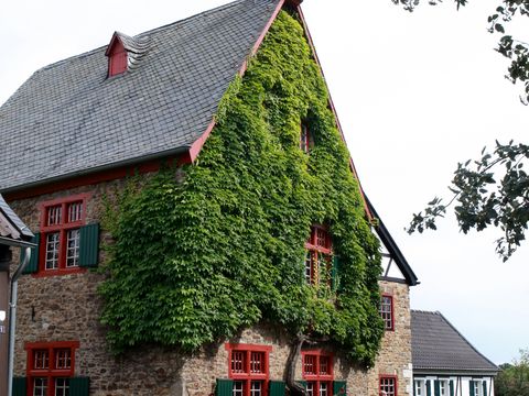 Außenansicht des mit Efeu bewachsenen Bergischen Museums für Bergbau, Handwerk und Gewerbe. Davor spielt ein Kind und vor dem Eingang steht ein älteres Paar.