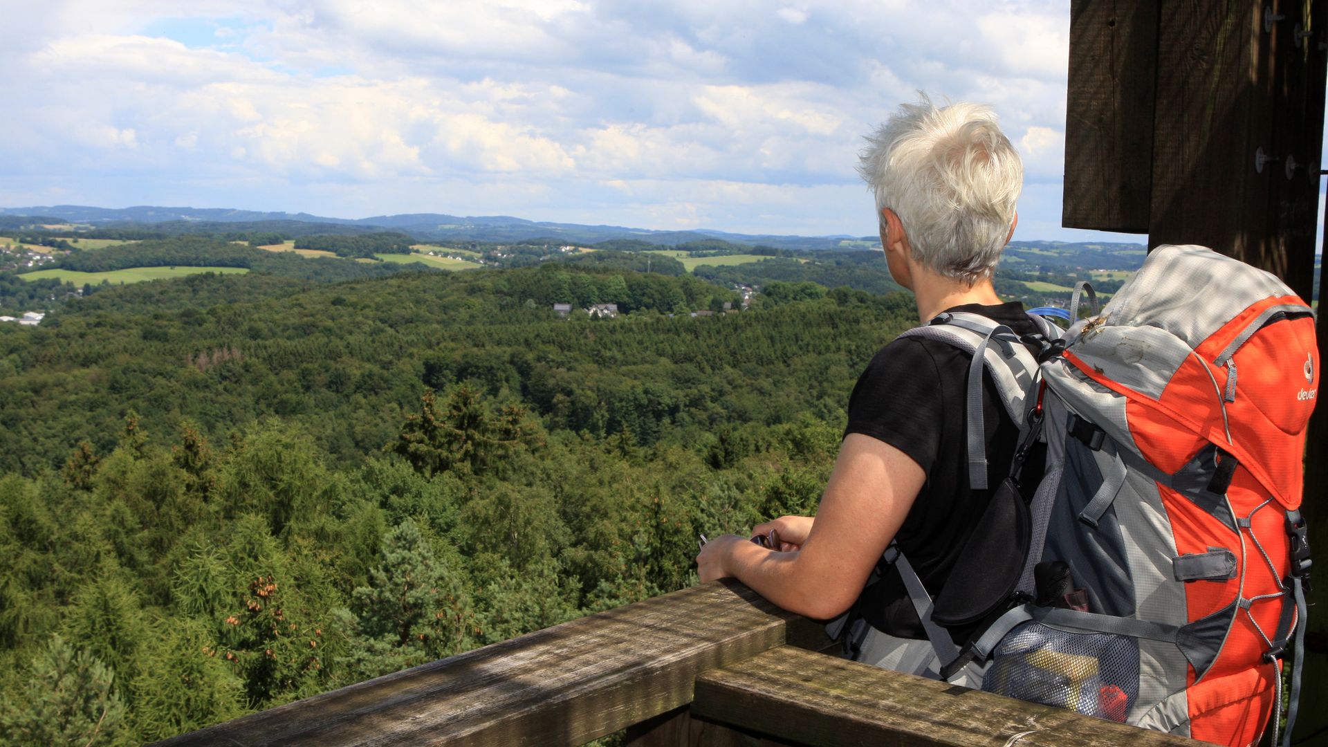 Eine Frau mit einem großen Wanderrucksack auf dem Rücken blickt von einem Aussichtsturm aus Holz auf Wälder. 