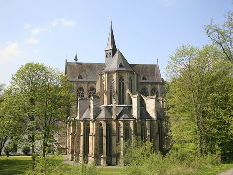 Blick auf den Altenberger Dom von der Rückseite mit Bäumen auf beiden Seiten. 