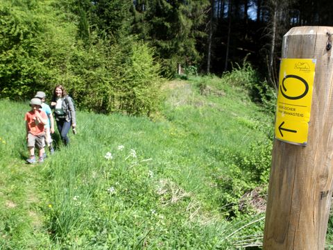 eine Frau und zwei Kinder wandern durch eine hohe Wiese auf den Fotografen zu. Auf der rechten Seite ist im Vordergrund ein Holzpfosten mit einem gelben Markierungszeichen vom Bergischen Panoramasteig zu sehen