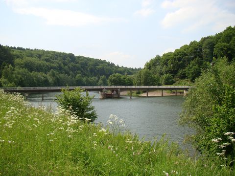 Die Wuppervorsperre mit einer Brücke umgeben von grünem Wald