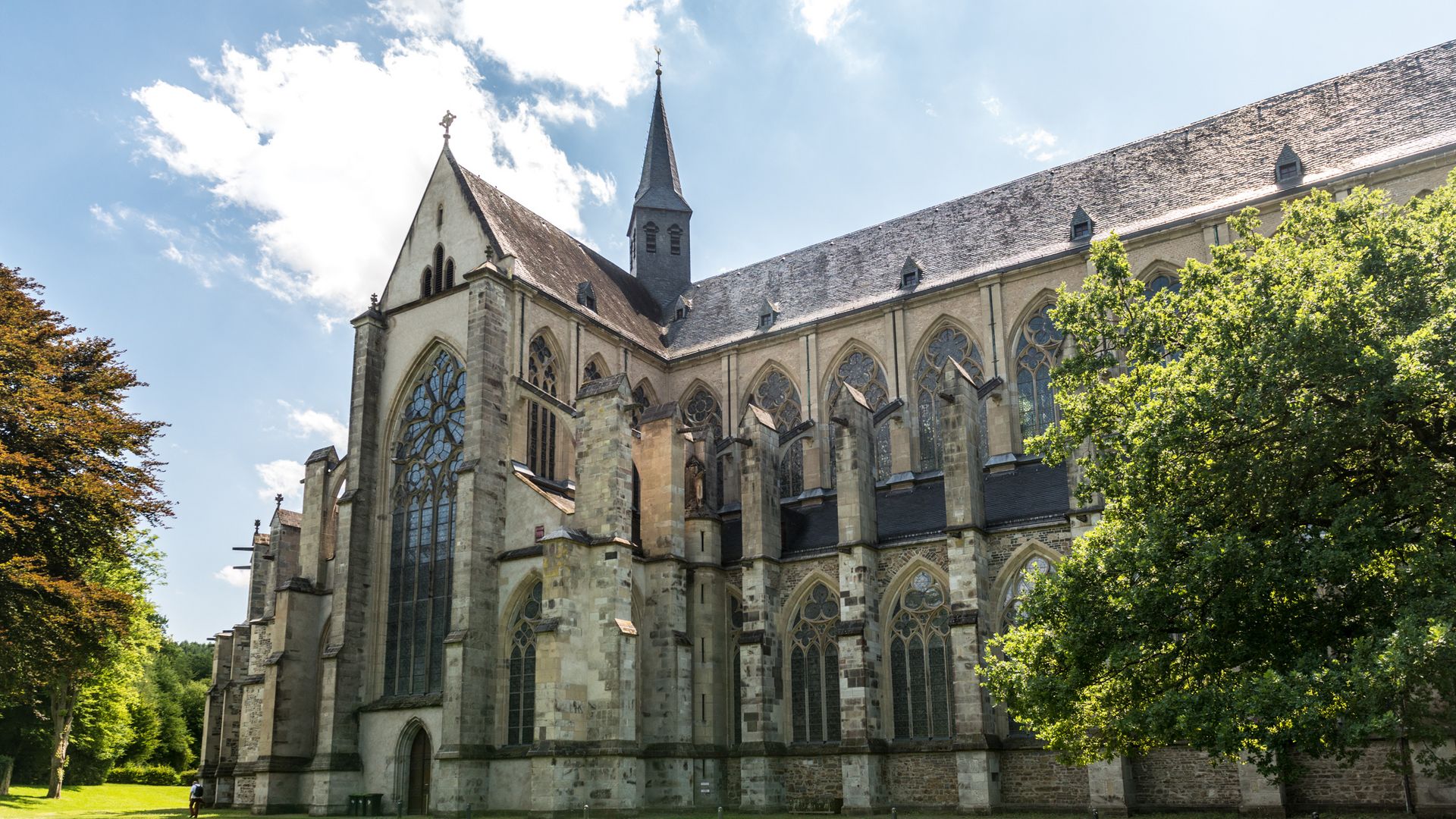 Seitenansicht vom Altenberger Dom auf einer grünen Wiese mit Bäumen an beiden Seiten. 