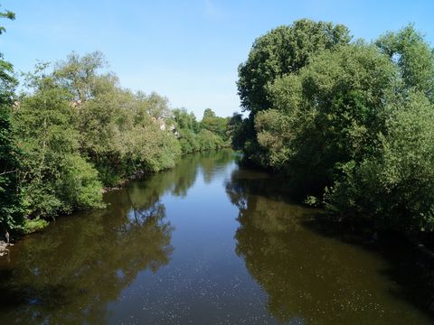 Blick von einer Brücke auf einen Fluss mit Bäumen an beiden Ufern