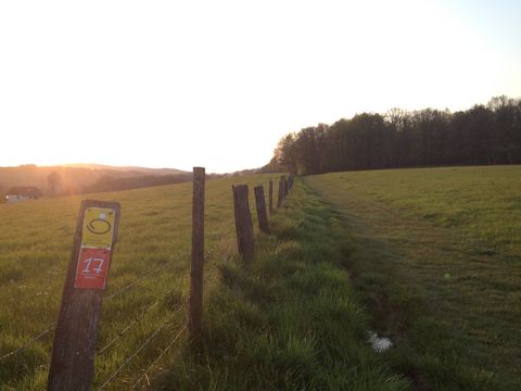 Ein Wiesenweg verläuft an einem Holzzaun entlang auf den Waldrand zu. Auf einem Holzpfosten im Vordergrund ist ein rotes und ein gelbes Markierungszeichen angebracht. 
