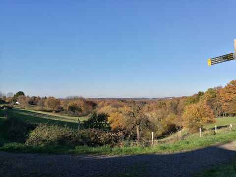 Blick von einem Wanderweg in ein Tal mit Wiesen und Wäldern. Am rechten Bildrand ist ein Wegweiser zu erkennen. 