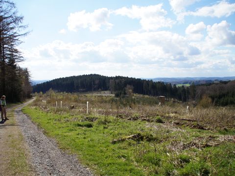 Panoramablick von einem Wanderweg über hügelige Landschaft