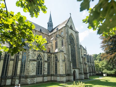 Seitlicher Blick auf den Altenberger Dom bei sonnigem Wetter mit Blättern im Vordergrund. 